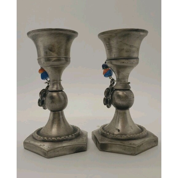 Silver Tone Brass Candlesticks Holders W/ Beads & Flower Charm Appx 3 - Picture 8 of 16